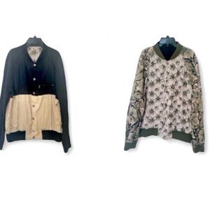 Dries Van Noten REVERSIBLE Bomber Jacket Linen US LG EU 54 Black Tan Palm Trees